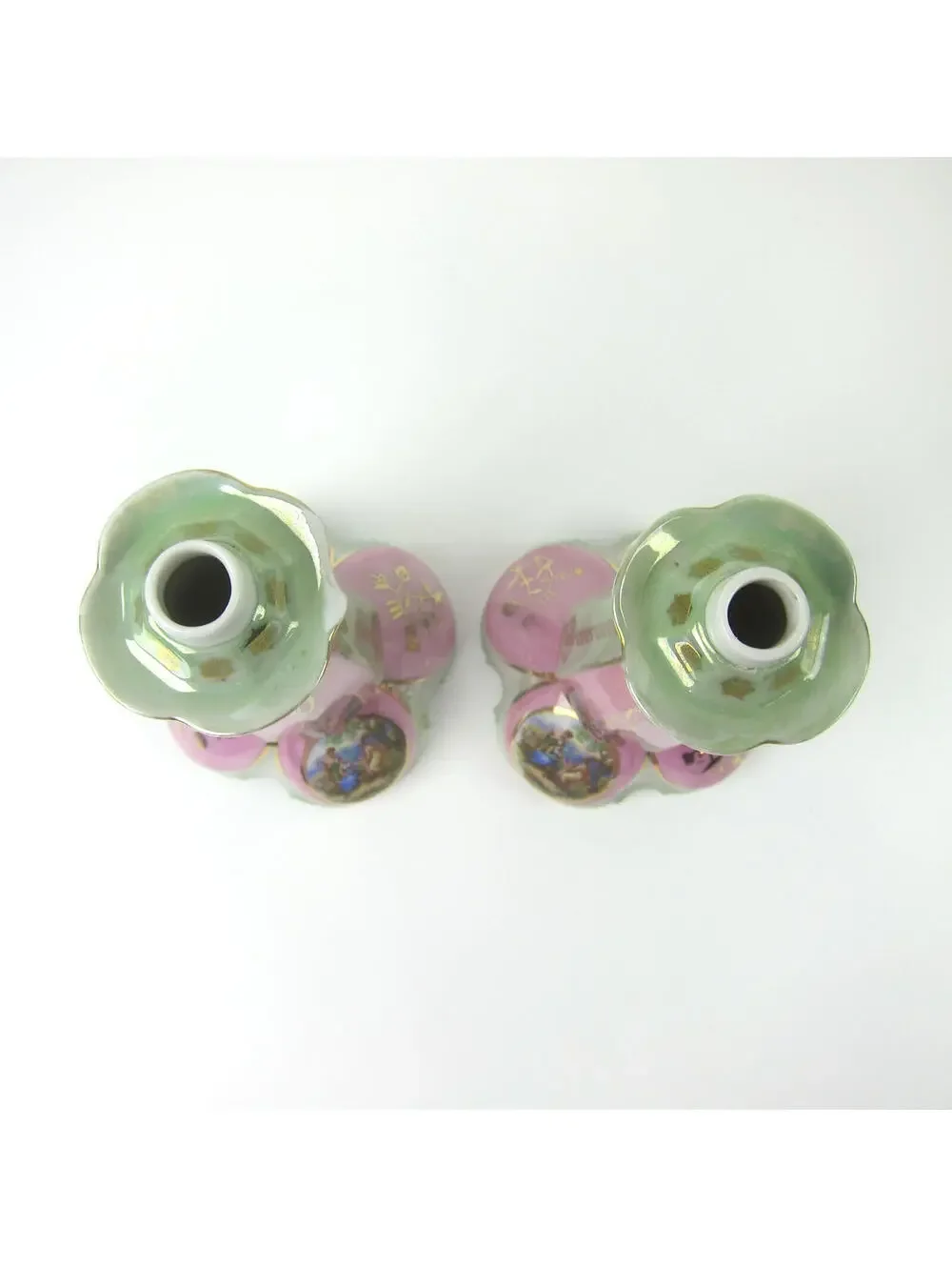 Antique Porcelain Lusterware Lamp Base Pink Green Gold Angelica Kauffman Germany